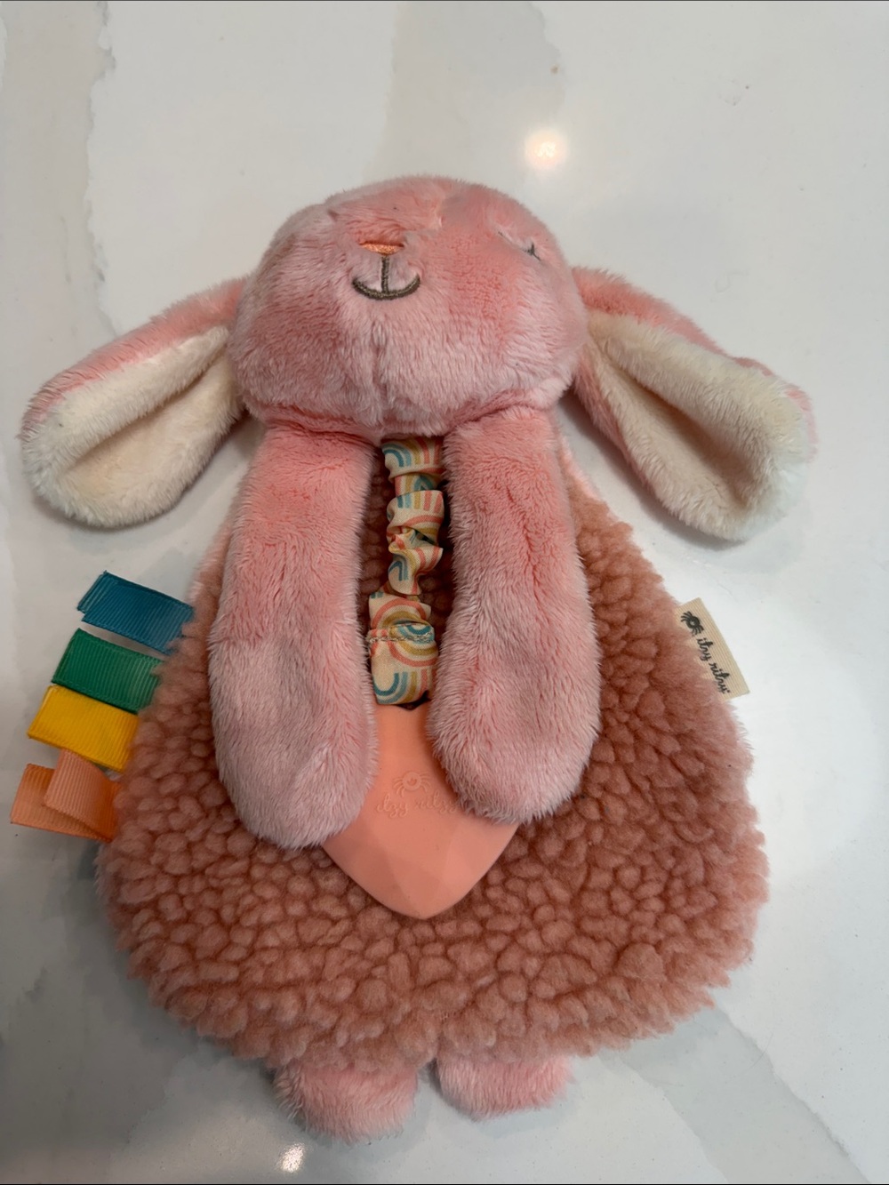 Itzy Ritzy Pink Plush Bunny Teether Comforter with Rainbow Ribbon Tags
